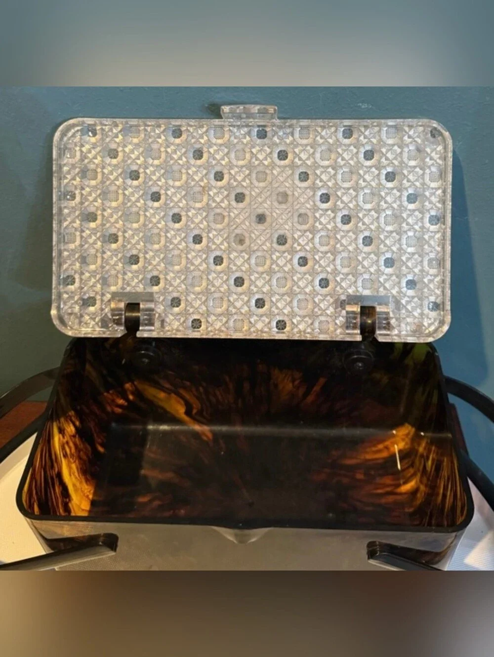 Vintage Lucite Merle Norman Tortoiseshell Box Purse with Clear Beaded Lid